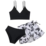 Mädchen 3-teiliger Badeanzug mit süßem Blumendruck-Bikini-Set mit Rock, für Kinder (Black, 8-9 Years)