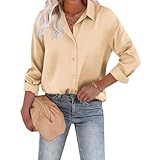 Blusen Damen, Damen Blusen, Business Outfit Damen, Bluse Damen Elegant Satin Hemd Langarm - V-Ausschnitt Oberteile Business Shirt Oberteil Mit Knöpfen Tops Lose Langarmshirt Beige S