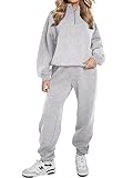 REORIA Damen Weich Baumwolle Hausanzug Dick Freizeitanzug Warm Trainingsanzug Jogginganzug Set halbem Reißverschluss Tracksuits mit Fleece-Futter Grau M