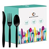 150 Stück Plastikbesteck, Strapazierfähiges Besteck Set aus Kunststoff, Familienfeiern, schwarz, Wiederverwendbar, Partyutensilien