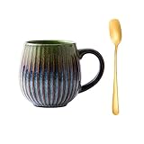 Becher Kaffee Steingut 550ml Tasse Keramik Vintage, Becher mit Streifen Tasse Steingut, Grosse Tasse mit Streifen für Büro und Zuhause (Grüner Farbverlauf)