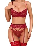 RSLOVE Dessous Sets für Damen - Unterwäsche Frauen Sexy Set BH Set Damen Sexy Strapsen Dessous Set 3 Pieces Rot M