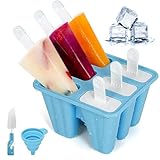 Eisform, Popsicle Mold mit Bürsten und Trichtern, wiederverwendbar, Silikon, BPA-frei, für Popsicle, Eiscreme (Blau, 6 Mulden)