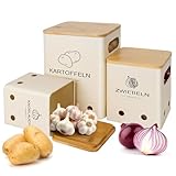 Mozvvco Kartoffel Aufbewahrungsbox, Aufbewahrung Kartoffeln Zwiebeln Knoblauch - 3er Set mit Bambusdeckel - Nistbar & Stapelbar für Küche, Speisekammer - Hält Gemüse Länger Frisch - Beige