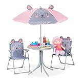 Relaxdays Camping Kindersitzgruppe, Kindersitzgarnitur mit Sonnenschirm, Klappstühle & Tisch, Maus Motiv, Garten, grau, 126 x 100 x 100 cm