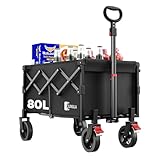 SUNULA Bollerwagen Faltbar Klein 80L 100KG, Faltbarer Bollerwagen Klappbarer Handwagen mit Halbiertem Eigengewicht, Faltbollerwagen Geländegängig mit Bremsen, Schwarz