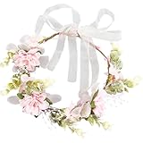 CRASPIRE Blumenkranz Stirnband Tuch Rosa Blume Grün Blatt Krone Girlande Stirnbänder Haargirlande Zubehör Kopfschmuck mit Seidenband für böhmische Braut Frauen Mädchen Hochzeit Party Festival