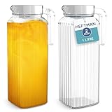 HEFTMAN Glas Wasserkrug für Kühlschrank - 2 Pack (1 Liter) Wasserkrüge mit Deckel mit geripptem Design, auslaufsicherer Auslauf, belüfteter Deckel für heißes / kaltes Wasser, Eistee, Kaffee, Milch &