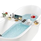 UVVRUR Badewannenablage aus Kunststoff Verstellbar Badewannenablage Transparent mit Wasserablauf Badewannentablett für Tablet und Bücher