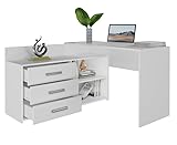 BDW Eckschreibtisch Rechts, 3 Schubladen und 2 Regale, viel Platz zum Entfalten, für Jugendzimmer, Büros und Ateliers, Winkelschreibtisch, Computertisch, Bürotisch 120x76x50 cm (Weiss)