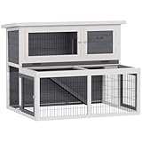 PawHut Hasenstall 2 Ebenen mit klappbar Dach Kaninchenkäfig mit Freilaufgehege Winterfest Kleintierstall aus Vollholz 122x95x93,5 cm Kaninchenstall Outdoor Doppelstockhaus für Kaninchen Hasen Grau