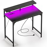Rolanstar Schreibtisch mit LED, Steckdosen, Computertisch mit Monitorablage, Eckschreibtisch für Schlafzimmer Arbeitszimmer Büro, perfekt für Studenten Kinder Erwachsene, Schwarz, 80 cm