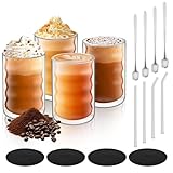 LUOJINYI Latte Macchiato Gläser,Set of 4 Doppelwandige Kaffeegläserr,Double-Walled Glasses with 4 Spoons and 4 Coasters,Latte Macchiato Gläser Doppelwandig for Cappuccino, Latte, Tea, Coffee