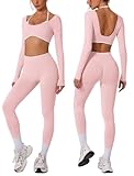 OMEWEE Workout-Sets für Damen, langärmelig, verstellbarer Neckholder-Trägern, bauchfreies Top und Anti-Kniebeugen-Hose für Fitnessstudio, Yoga, Pilates, Pink, Medium