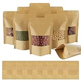 AUAUY 55pcs Papiertüten mit Fenster, Imprägniern Kraftpapiertüten, Standbodenbeutel Mit Sichtfenster, Kraftpapierbeutel, Standbeutel aus Kraftpapier für Nüsse Kaffeebohnen Teeblätter Gewürze (9*14cm)