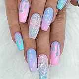 Ceboic 24 Stück Press on Nails Mittel, Macaron Farbe Gradient Nageltips Sarg Künstliche Nägel Full Cover Kunstnägel zum Aufkleben, Französische Acryl Fingernägel Falsche Nägel für Frauen & Mädchen