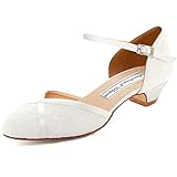 Duosheng & Elegant HC2023 Komfort Runde Zehen Krauze Bände Niedriger Absatz Flache Lace Satin Hochzeitsschuhe Brautschuhe Ivory Gr. 40