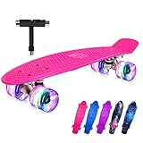 Beleev Skateboard Komplette Mini Cruiser Skateboard für Kinder Jugendliche Erwachsene, Led Leuchtrollen mit All-in-one Skate T-Tool für Anfänger(Pink)