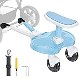 BugyKido Buggy Board, Trittbrett für Kinderwagen Universal für Kinder von 2-6 Jahren, Trittbrett Kinderwagenzubehör mit Sitz max. Belastung von 25kg, Blau und weiß