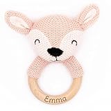 Geschenkfreude Personalisierter Beißring für Baby aus Holz - Greifling personalisiert mit Name - niedliche Babyrassel - schönes Geschenk zur Geburt Junge/Mädchen - für Neugeborene - rosa
