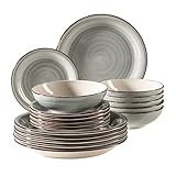MÄSER 931875 Bel Tempo II, Teller-Set für 6 Personen im modernen Vintage Look, 18-teiliges Tafelservice, handbemaltes Keramik-Geschirr Service, Steingut, rauchblau