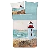 ESPiCO Bettwäsche Trendy Bedding Leuchtturm Sand Wendeoptik Blau Mehrfarbig Renforcé, Größe:135 cm x 200 cm