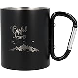 Spruchreif | Edelstahltasse mit Karabinerhaken Henkel mit Gravur „Gipfelstürmer“ in Schwarz Matt |Geschenk für Camper, Wanderer oder Bergsteiger