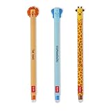 Legami - Radierbarer Gelschreiber, Kugel am Ende zum Entfernen der Tinte ohne das Blatt zu verbrauchen - Schwarze hitzeempfindliche Tinte - Savannah Kollektion - Löwe, Giraffe, Elefant