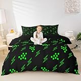 Manfei Green Lightning Bettwäsche-Set, King-Size-Größe, Pixel-Stil, Gitter-Bettwäsche-Set, 3-teilig, für Kinder, Mädchen, Jungen, Erwachsene, Raumdekoration, Videospiele, Trösterbezug, kühles Neongrün