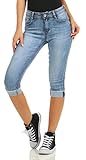 Fashion4Young 5978 Damen Capri Jeans Bermudas Shorts Kurze Hose Caprijeans High-Waist (Blau, XXL=44)