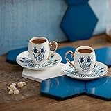 Karaca Iznik Kaffeeservice Fur 2 Personen, 2x Espressotasse und 2x Untertasse, Robuste Mokkatasse, Dicker Trinkrand, Espressotassen, Porzellan Espresso Set