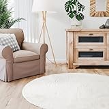 Interiyou Hochflorteppich Fargo - 120x120 cm Rund Creme - Flauschiger Fellteppich aus Kunstfell - waschbar und rutschfest - weicher Langflor Fell
