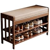 Schuhbank mit 3 Ebenen, Bambus, mit Kissen, für Eingangsbereich und Bettende, stilvolle Wohnzimmermöbel, 70,1 cm, platzsparende Lösung
