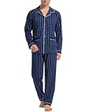 iClosam Pyjama Herren Lang Baumwolle Schlafanzug Zweiteiliger Gestreift Schlafanzüge Langarm mit Knöpfen Nachtwäsche Set V-Ausschnitt Männer Hausanzug Freizeitanzug L