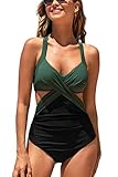 CUPSHE Damen Badeanzug Wickel Push Up Bademode Raffung Bauchweg Cut Out Einteilige Strandmode Swimsuit Grün/Schwarz XL