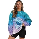 Fiqyvagox Pullover für Damen mit Taschen, langärmelig, Rundhalsausschnitt, lässig, bequeme Kleidung für den täglichen Gebrauch, Meeresschildkröte, Schmetterling, Hibiskus, Wasserdruck, S