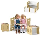 COSTWAY Kindertisch mit 2 Stühlen, 6 in 1 Maltisch & Kinderbank & Kinderschreibtisch, 3-teilige platzsparende Kindersitzgruppe aus Holz, Kinder Tisch Stuhl Set für Kleinkinder ab 3 Jahren (Natur)