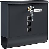 MONZANA® Design Briefkasten Stahl mit Zeitungsfach Sichtfenster Namensschild drehbare Abdeckung Kreuzschloss 2 Schlüssel Postkasten anthrazit