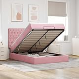 Mandloder Samt Ottoman-Bett mit Matratze, 140x200 cm, Rosa, LED-Beleuchtung, Stauraum, für erholsamen Schlaf