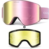 Odoland Skibrille für Damen und Herren Jungen Ski Goggles Anti-Fog UV-Schutz mit Magnetische Wechselglas Snowboardbrille Helmkompatible zum Snowboard Skifahren Rosa