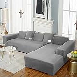 Stretch-Samt-Sofabezug für 3-Sitzer-Sofa mit rutschfesten Trägern, 190 x 230 cm, Grau