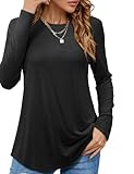 Beluring Oberteile Damen Elegant Langarm T-Shirt Rundhals Einfarbig Locker Longshirt Schwarz XL