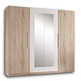 Stella Trading MARTINA Schlichter Kleiderschrank 4-türig - Vielseitiger Drehtürenschrank mit zwei Spiegeltüren in Eiche San Remo Optik, weiß - 228 x 213 x 59 cm (B/H/T)