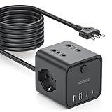 Steckdosenleiste mit 4 Universalsteckdosen 10/16 A ITA und Schuko, 5 m Verlängerungskabel mit 2 USB A + 2 USB C, Mehrfachsteckdose, platzsparend, mit Schaltern für Haus, Büro, Schwarz