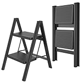 FIVMEN Trittleiter 2 Stufen Klappbar Leiter Klappleiter Treppenleiter Klapptritt Haushaltsleiter Tritthocker mit Breitem Trittbrett 30x20 cm bis 270 kg Belastbar, Schwarz
