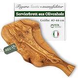 Figura Santa Olivenholz Servierbrett mit Griff, Schneidebrett, Handgefertigt seit 1988, Rustikales Holzbrett für die Küche,Käsebrett und Antipasti Servierplatte, Olivenholzbrett (40-44 cm)