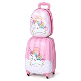 COSTWAY 2tlg Kinderkoffer + Rucksack, Kindertrolley aus Kunststoff, Kindergepäck, Kinder Kofferset Handgepäck Reisegepäck Hartschalenkoffer für Jungen und Mädchen (Pink Einhorn, 12'+16')