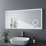 Bath-mann LED Badspiegel 120x60cm mit Beleuchtung Kaltweiß Badezimmerspiegel Spiegel mit Touch Lichtschalter, 3X Vergrößerung Lupe Schminkspiegel Wandspiegel Horizontal Lichtspiegel 6400K