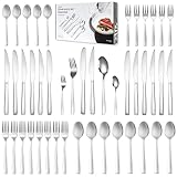 Edelstahl Besteck Set 12 Personen, 72-teiliges Essbesteck 12 Personen Spülmaschinenfest Rostfrei, Messer Gabel Löffel Set mit Steakmesser, Silbernes Tafelbesteck, Besteckset für Haus & Gastronomie