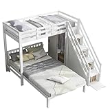 xixiworkshop Etagenbett mit Garderobe,Multifunktionales Kinderbett, Kinderetagenbett, Mit Aufbewahrungstreppe, Großer Stauraum,Ohne Matratze, Massivholz MDF,Weiß, 90×200cm-120×200cm